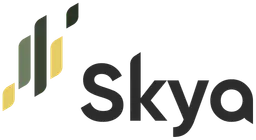 Skya logo: gray lowercase wordmark beside green and yellow curved bars on black background.